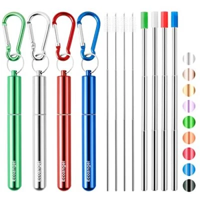 ECOANGEL 4 Pack Portable Reusable Metal Straw Collapsible Stainless Steel Drinking Straw