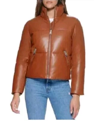 Levis Breanna Puffer Eco Leather Quilted Full Zip Winter Jacket Camel Women SzM - Image 1 of 4