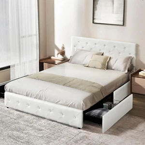 Queen Bed Frame Platform Tufted Adjustable Headboard 4 Storage Drawers Bedroom R - Picture 1 of 12