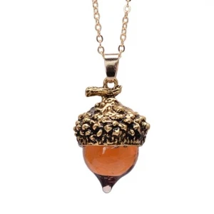 (1) Amber Glass Acorn Necklace Pendant Antiqued Gold with 32" Long Chain - Picture 1 of 6