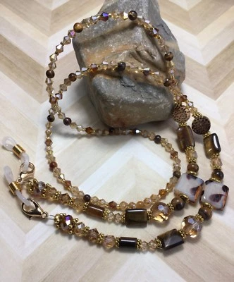 Gafas/máscara/cordón de piedra ojo de tigre hechas a mano con insignia elementos de Swarovski EE. UU. Foto 1 de 4