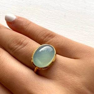 Blue Chalcedony Ring 18k Gold Plated Handmade Jewelry Lovely Ring Gift For Her - Picture 1 of 9