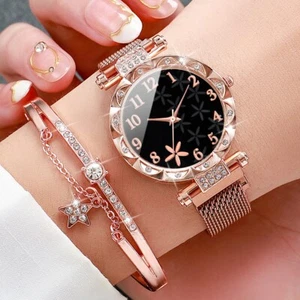 2PCS/Set Fashion Flower Dial Women's Watch Magnet Buckle Mesh Band Quartz Watche - Picture 1 of 6