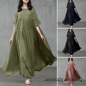 Womens Short Sleeve Cotton Linen Loose Waist Party Swing Maxi Dress S-5xl - Picture 1 of 28