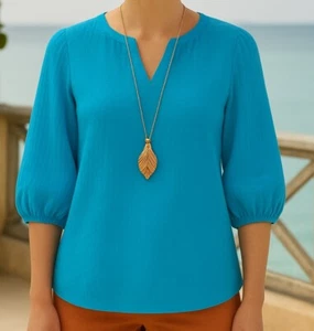 J. Jill Cotton Gauzey Split-Neck Popover Top Bluse Gr. XL hellblau Coastal - Bild 1 von 10