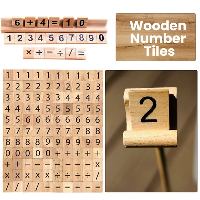 100 WOODEN NUMBER TILES BLACK LETTERS NUMBERS FOR CRAFTS WOOD SYMBOL - Image 1 of 4