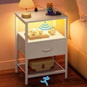 LED Nightstand Motion Sensor Light Charging Station Bedside Table Storage White - Picture 1 of 12