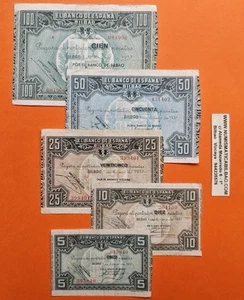 @NUMISMATICA BILBAO@ Serie de 5 Billetes 5+10+25+50+100 PESETAS 1937 EUSKADI R/4 - Imagen 1 de 3