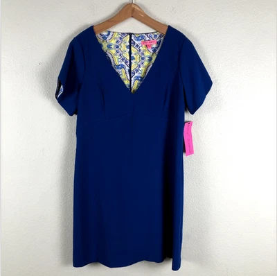 Betsey Johnson Dress Sheath Womens 14 Blue V Neck Short Sleeve Lined Back Zip - Image 1 of 4