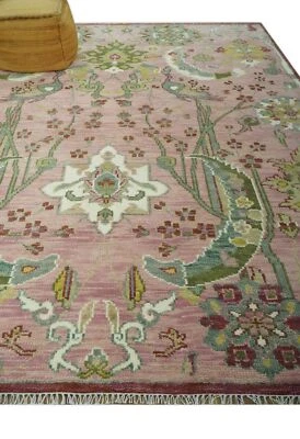 Custom Made Peach, Green, Olive And Beige Jungle Hand Knotted Wool Area Rug - Image 1 of 4