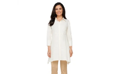 Top túnica Dennis Basso marfil botón frontal dobladillo mordedura de tiburón XS nuevo Foto 1 de 4