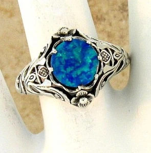 NOUVEAU ANTIQUE STYLE SCOTTISH THISTLE 925 SILVER LAB BLUE OPAL RING #078 - Picture 1 of 4