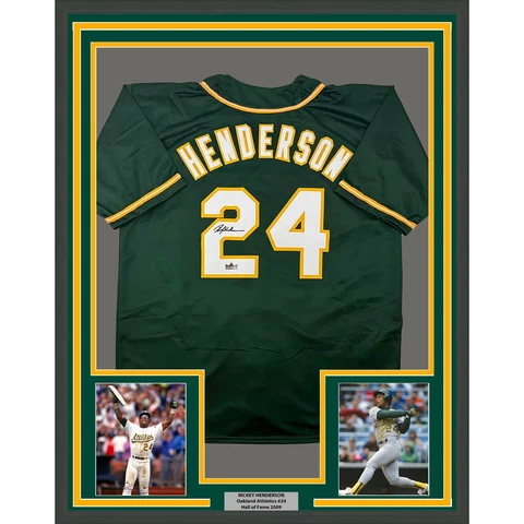 Framed Facsimile Autographed Rickey Henderson 33x42 Reprint Laser Auto Jersey Cover