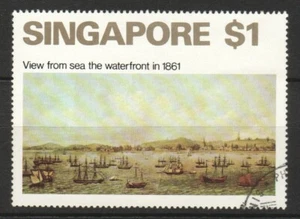 SINGAPORE 1971 ART SERIES $1.00 (VIEW FROM SEA THE WATERFRONT IN 1861) FINE USED - Picture 1 of 4