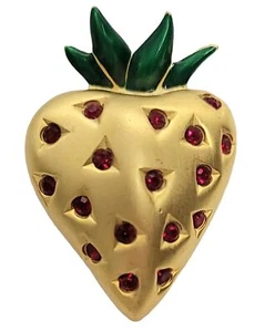 Givenchy Brosche goldfarben rot Strass grün Emaille Blatt Erdbeere, signiert - Bild 1 von 9
