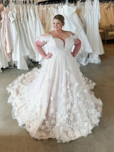 Plus Size 3D Flowers A-Line Wedding Dresses Off  Shoulder Pleat Bridal Gowns - Picture 1 of 7