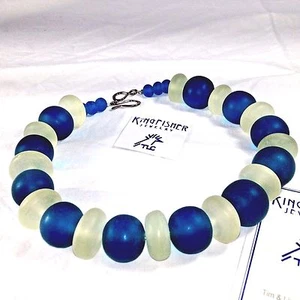 Kingfisher Jewelry by Caviness Beaded Necklace Blue White Hand made In Virginia - Picture 1 of 10