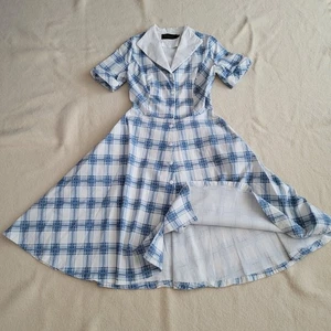 Vestido vintage estilo años 50 a cuadros azul blanco círculo completo para mujer talla pequeña - Imagen 1 de 11