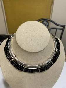 "Collar de panel con incrustaciones de ónix de plata esterlina 950 pesado México 16""" - Imagen 1 de 9