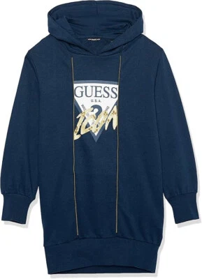 GUESS девочек французский Терри значок с капюшоном толстовка, темно-синий, Sz-7 - Изображение 1 из 2