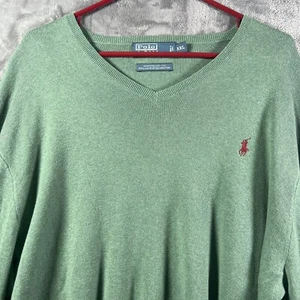 Ralph Lauren Polo Men 2XL Green Knit V Neck Sweater LS Pima Cotton Pullover Soft - Picture 1 of 8