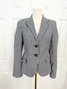 Weekend MaxMara Midnight Blue White Seersucker Striped Vanda Blazer Jacket 6 - Picture 1 of 7