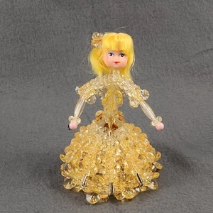Vintage Safety Pin Doll Beaded Kitschy 1970s Yellow Blonde Folk Art Craft 3x5 in - Picture 1 of 8