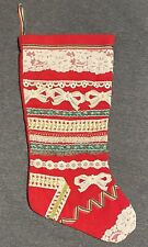 Beautiful Vintage Handmade Christmas Red Felt Stocking Floral Interior 18” (A)