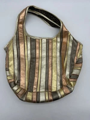 Beverly Feldman Leather Shoulder Hobo Bag Purse Metallic Stripe - Image 1 of 4
