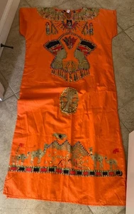 EGYPTIAN bright orange maxi kaftan dress sequins Camels Pharaoh Women L - Picture 1 of 7