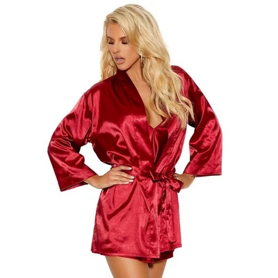 Bata de satén roja cierre de corbata faja cinturón mangas 3/4 estilo kimono 11022 pequeño Foto 1 de 4