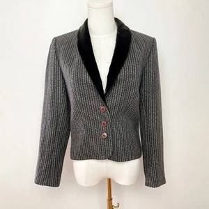 Vintage 80s Dark Academia Heritage Tailored Wool Tweed Blazer Jacket Sz S Velvet - Picture 1 of 11
