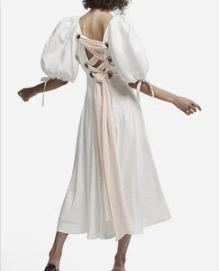 AJE White Overture Laced Ballet Midi Dress Short Puff Sleeve Silk Linen Size 10 - Foto 1 di 6