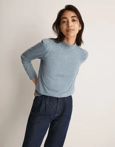 Top Madewell Jacquard Manga Abullonada Azul Cuello Imitado Mujer Mediano NUEVO - Imagen 1 de 10