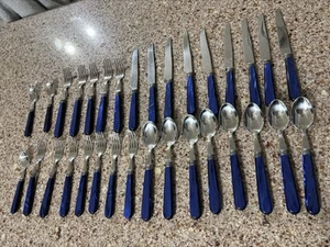 Vtg Stainless 32Piece Flatware Set w/ BLUE Pearly Lucite Handles Made in FRANCE. - Picture 1 of 8