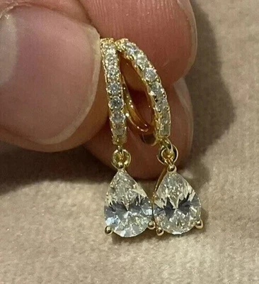2.20CT Pear Cut White Moissanite Women's Drop Earrings 14K Yellow Gold Plated - Image 1 of 3