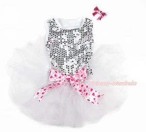 Sparkle White Sequins Sleeveless White Gauze Dress & Hearts Bow Pet Dog Outfit - Bild 1 von 3
