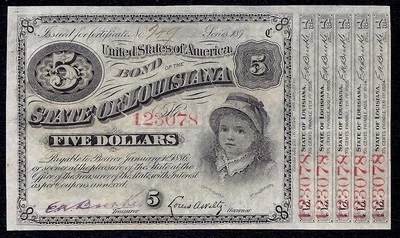 USA 5  DOLLAR BABY BOND LOUISIANA  1870  UNC - Image 1 of 2