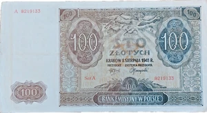 Banknote 100 Zlotych Polen 1941 Ser. A, KN 7stellig. Zustand II - Bild 1 von 2