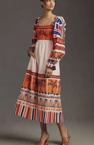 PALM ANGELS Nuovo abito rosa Farm Rio maniche lunghe stampato a maniche lunghe con stampa smock taglia S $238 nuovo con etichette