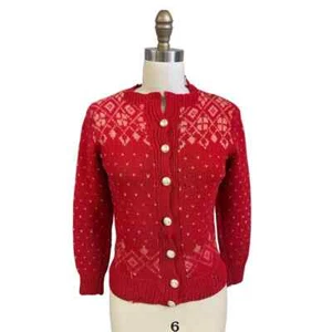 1930s 40s Cardigan Sweater Hand Knit Red Patterned Wool 1940s Distressed  S-M - Picture 1 of 7