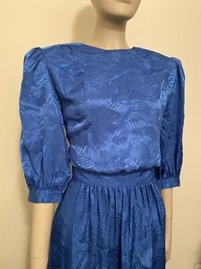 Vestido de Fiesta Vintage Años 80 Azul Argenti Mangas Hinchadas Cuello Alto Hasta la Rodilla Talla 6 - Imagen 1 de 7