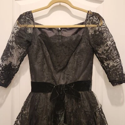 Vintage Black 1950s 1960s Lace Overlay Women’s Dress With Velvet Bow X S - Image 1 of 4