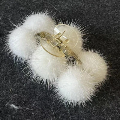 Pinza para el cabello de piel de visón real para mujer horquilla con bola de piel pompón Foto 1 de 4