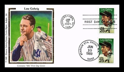 DR JIM STAMPS US COVER LOU GEHRIG BASEBALL FDC DUAL CANCEL COLORANO SILK CACHET - Image 1 of 2