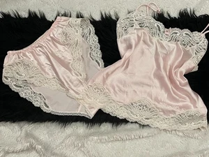Vtg CHRISTIAN DIOR Tap Pants Panty CAMISOLE Lingerie Set Logo Pink Ivory Lace XS - Picture 1 of 18