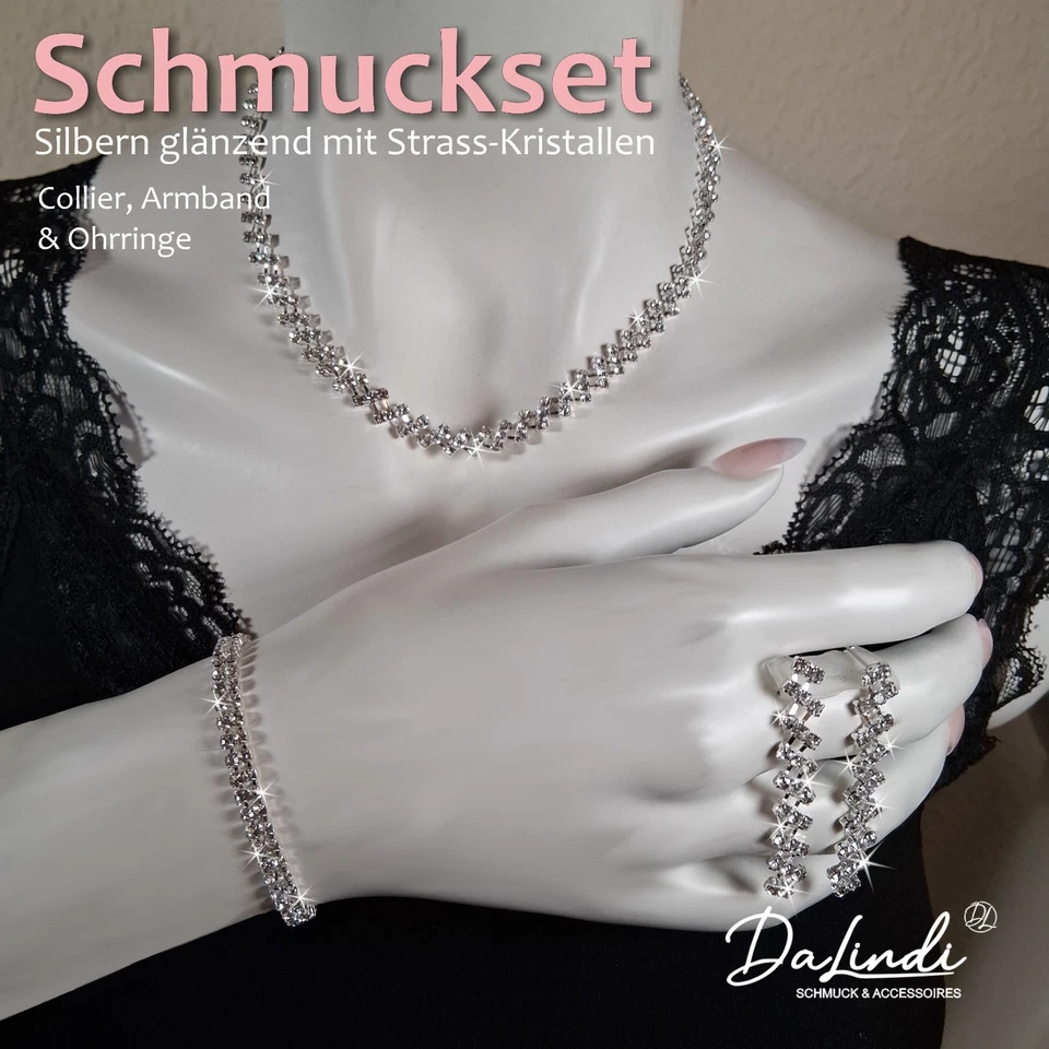 Glitzernde Strass Mode - Halskette Ohrringe Armband - Hochzeit Schmuck Set Braut - Bild 1 von 4