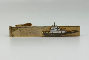 Vintage Enamel Gold Tone SHIP FERRY BOAT TIE BAR CLIP Fishing Nautical - Picture 1 of 6