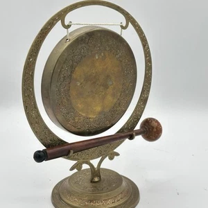 Vintage H.H. India Brass Table Gong w/ Mallet 6” Ornate Floral Design - Picture 1 of 14