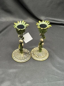 Bijou Crystal Enamel Candlestick Pair Flower Seashell Starfish - Picture 1 of 5